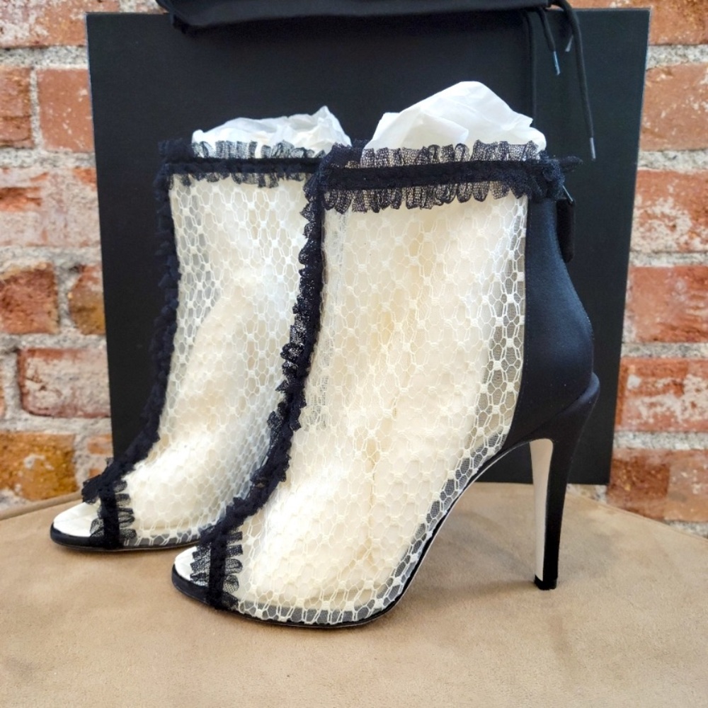 CHANEL B&W Lace Peep Toe Booties 37.5